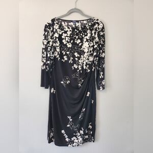 Chaps Black Floral Sheath Dress Long Sleeve Ruched sz XL